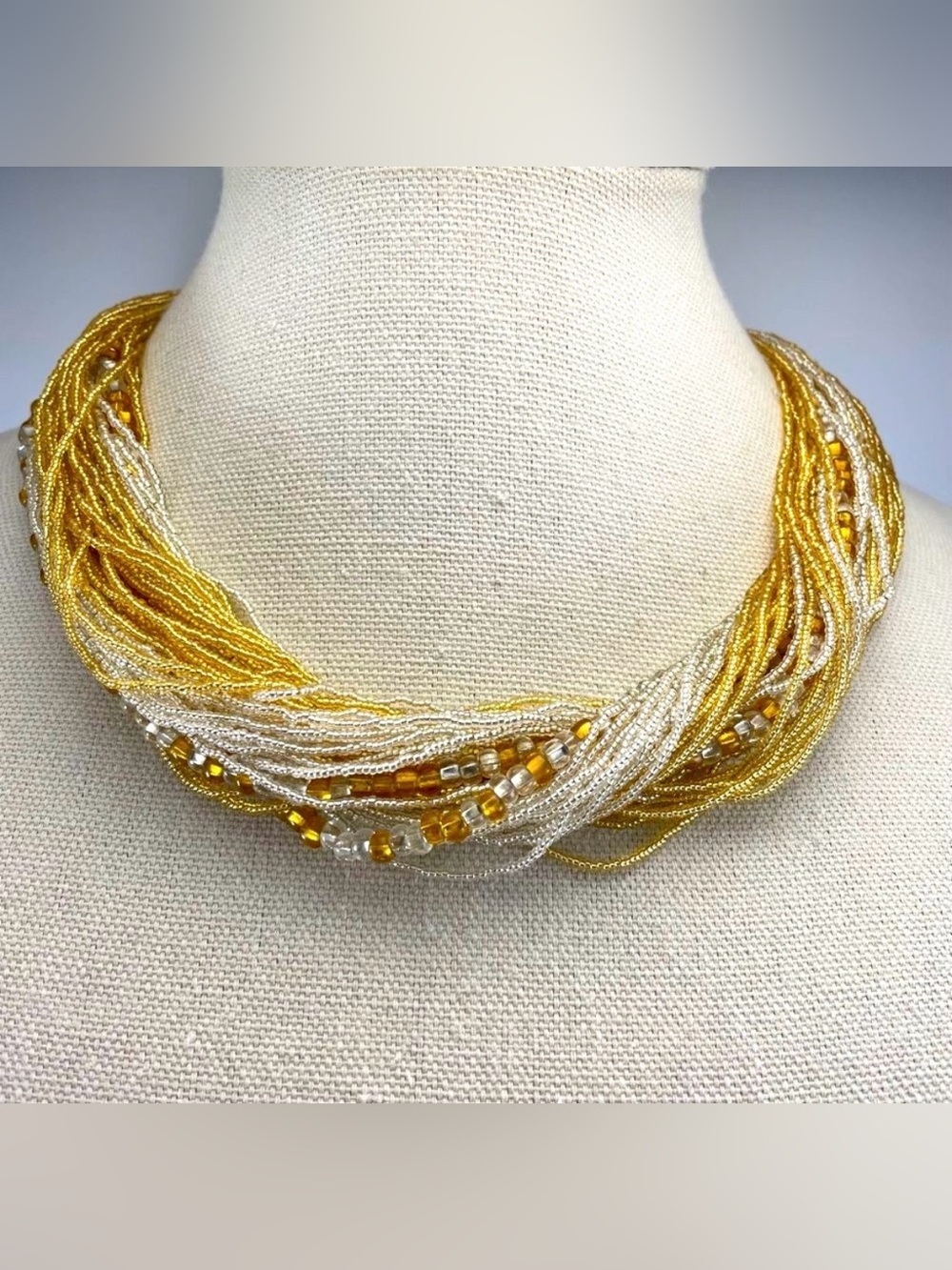 Stunning Vintage Unsigned Muarno Glass Seed Bead Multi Layer Gold Tone Necklace